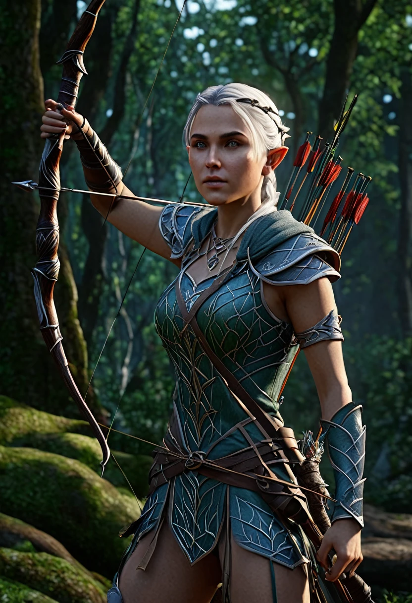 Ultra-detailed beautiful elf female archer in the woods, RPG, dungeons & dragons, intricate design and details, dramatic lighting, hyperrealism, photorealistic, cinematic, 8k --ar 9:16 --v 5