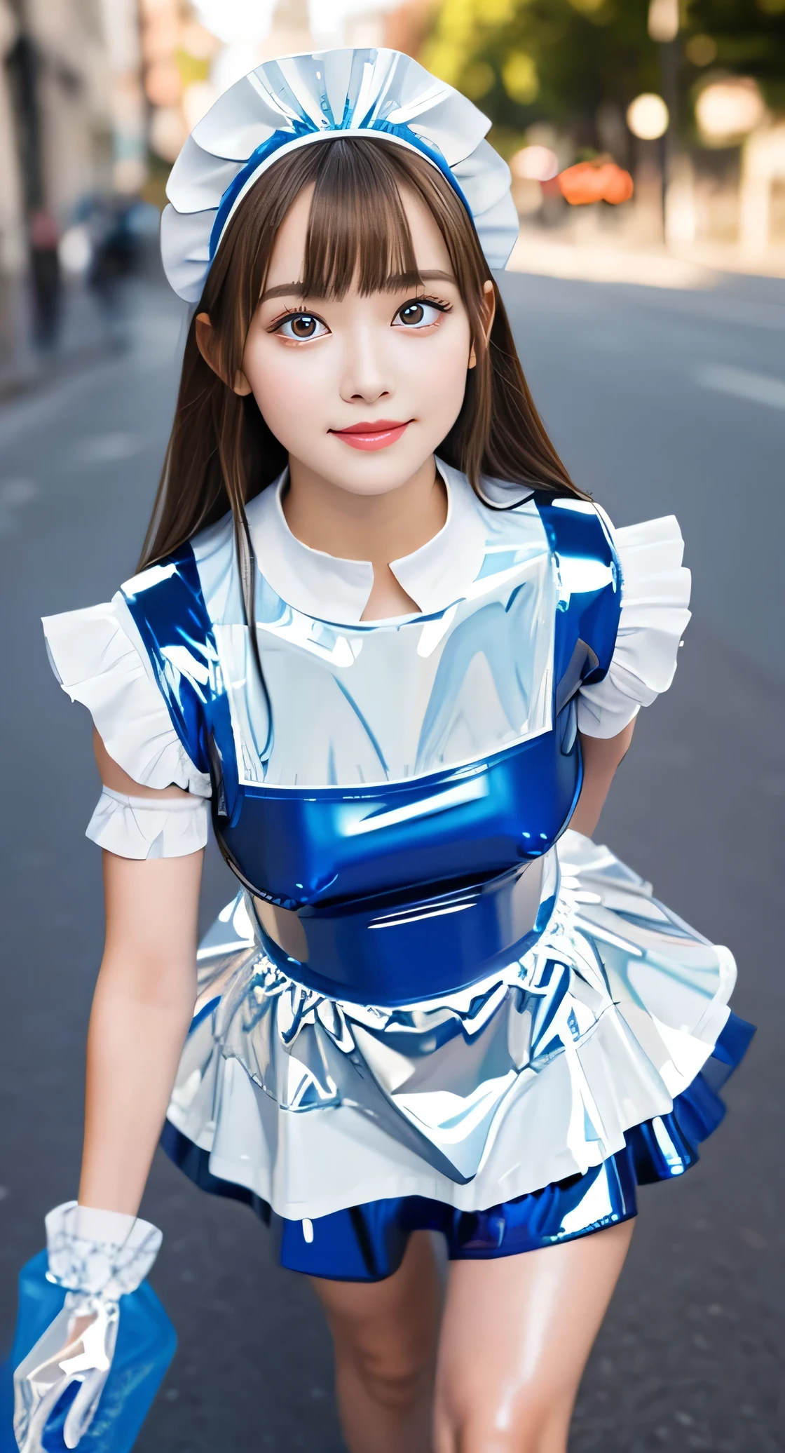Angelic very beautiful cute young girl,
Beautiful detailed eyes, (5 yo:1.2),(clear-eyed:1.3),
Detailed double eyelids,
(Soft Saturation: 1.3),
(Fair skin: 1.3),v-line jaw,
(Large eyes:1.4),
Long straight brown hair,
see-through bangs,
Sharp Focus,
beautiful detailed face and eyes,
drooping eyes,
small straight nose,
small mouth,
happy smiling with visible teeth, 85mm lens, F/8.0,BREAK (Super shiny white and blue latex maid costume :1.5),Walking,Brown hair ,(Costumes with strong reflective surfaces:1.3),(lift skirt:1.2),panty,
(Best Quality:1.2),(Maid costume:1.4),
Raw photo,
High resolution,
perfect detail,
Professional Photography,
Professional Lighting,
Powerful lighting of the costume,In the street