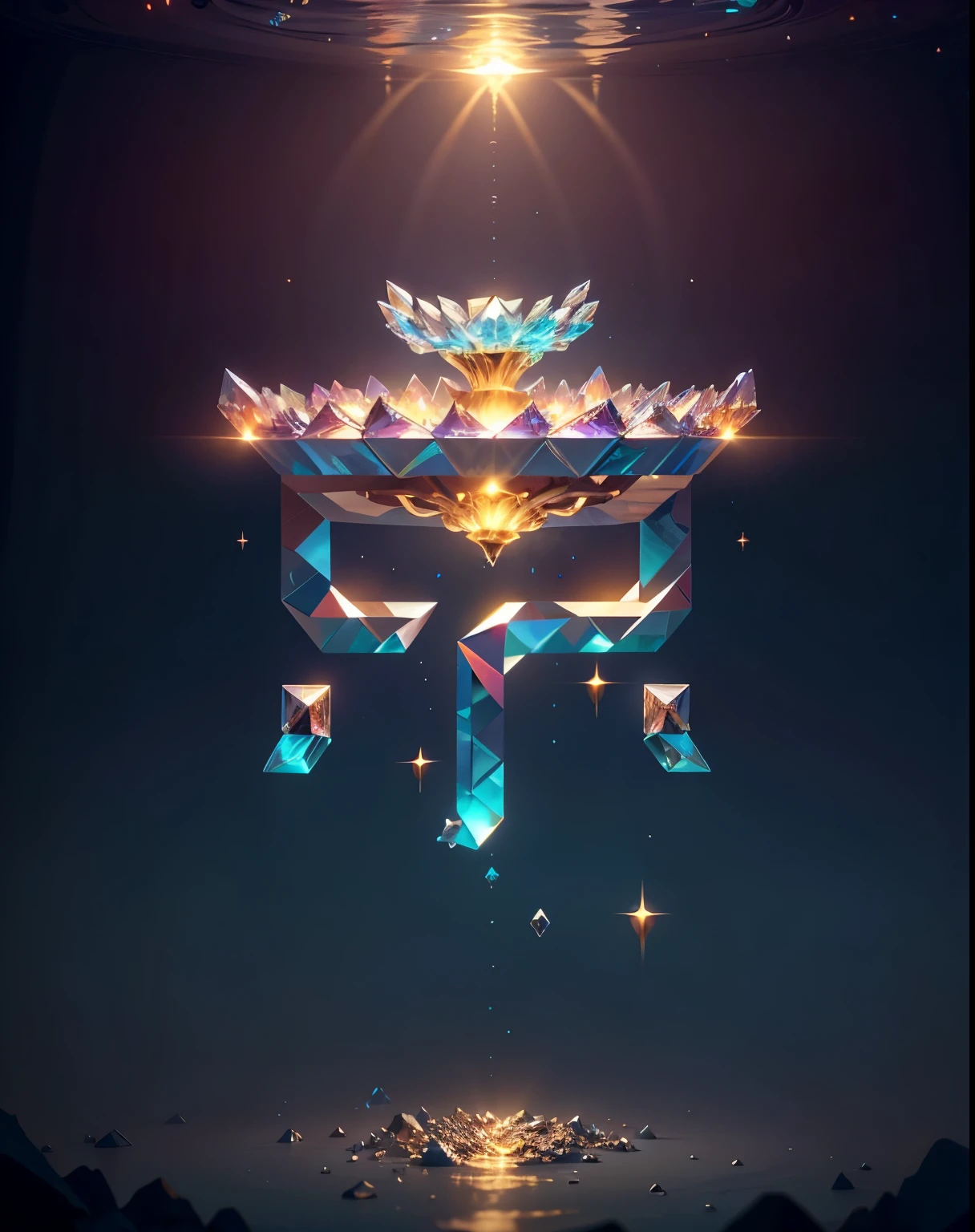 made of crystalsized synapse, floating symbols and crystals, Crystal material, infinite crystal ascent, Crystal Shards, crystal encrusted, made of crystals, crystal crust, Crystals light up the scene, crystallic!!, iridescence water elemental,Realistic C4D,High Detail,Depth of Field