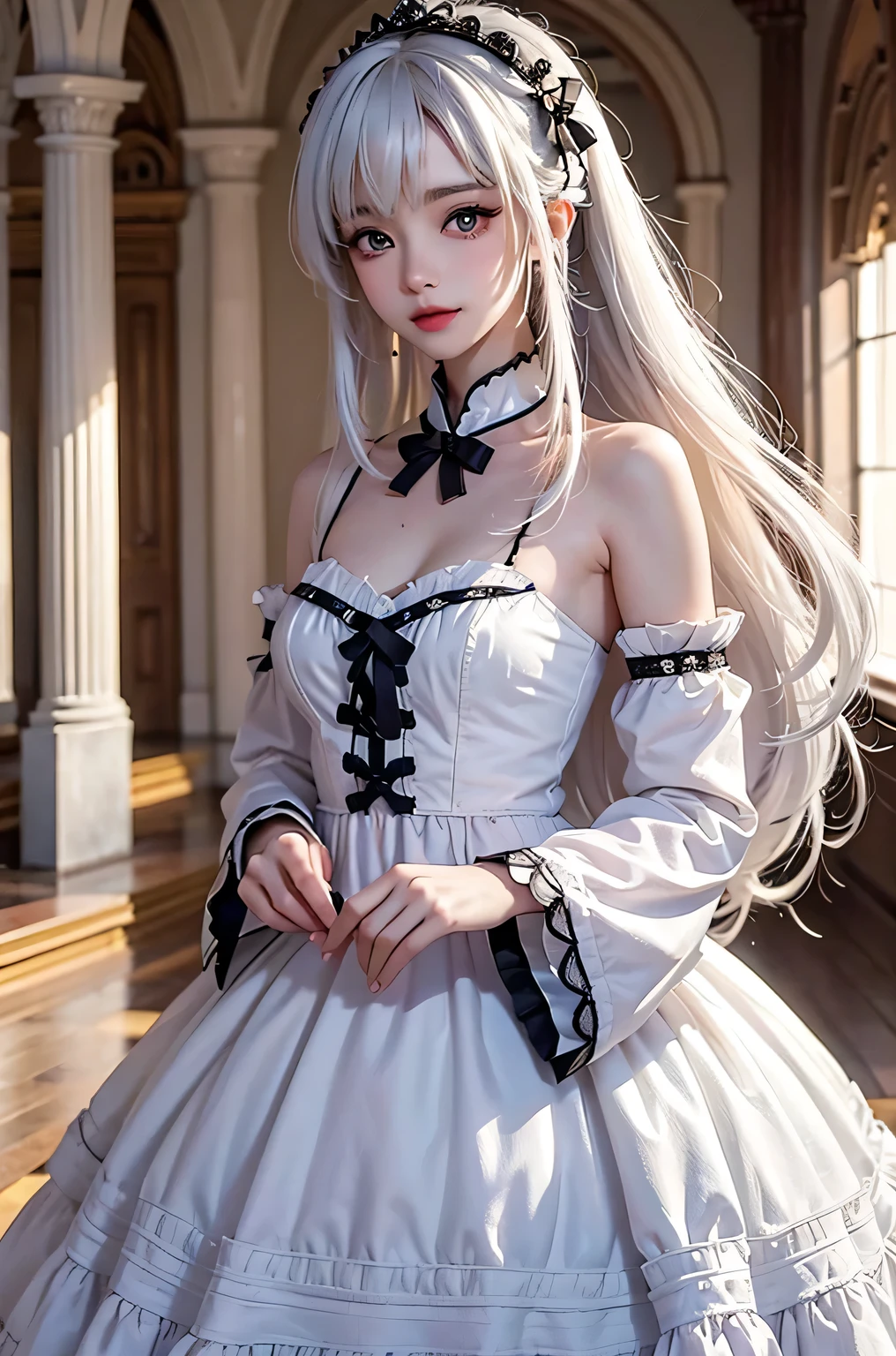(masterpiece:1.4, best quality, 8k, dutch angle,Realistic、Photorealistic illustrations, Every detail、Intricate details)(1girl, solo)(cute girl, Detailed faces down to the smallest detail、 small beautiful breasts, beauty white hair:1.5, Cute Asian Girl、Beautiful cleavage)(Gothic、Lolita Costume、black gothic dress、Monotone dress)(arms behind body. floating hair)(Night view、Britain in the late 20th century、A row of stone houses、out door、moon、Soft Light、Fantastic lights、Beautiful hair that shines through the light)