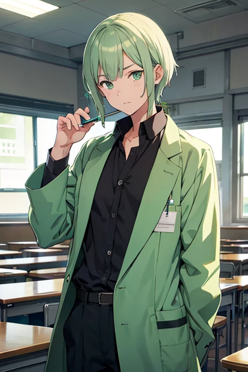 Mathematics teacher, cool, anime, green lab coat, Morijuku, classroom