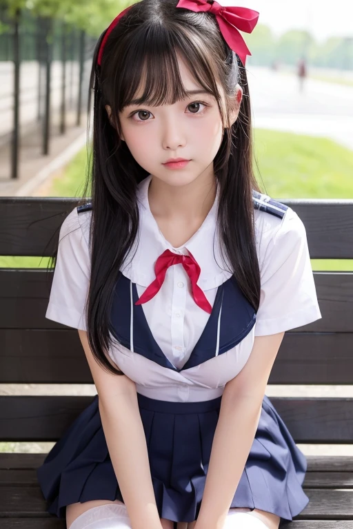 high school girl、Knees raised and legs wide apart、sitting on a park bench、Navy blue uniform、A big red ribbon on the chest、mini skirt、No underwear、No bra、Long black hair、ponytail、Big Breasts、Moist eyes、Embarrassed expression、Droopy eyes、White knee-high socks、Baby Face、Plump Cheeks、White blouse wet in the rain、Pink nipples are see-through、Genitals are visible
