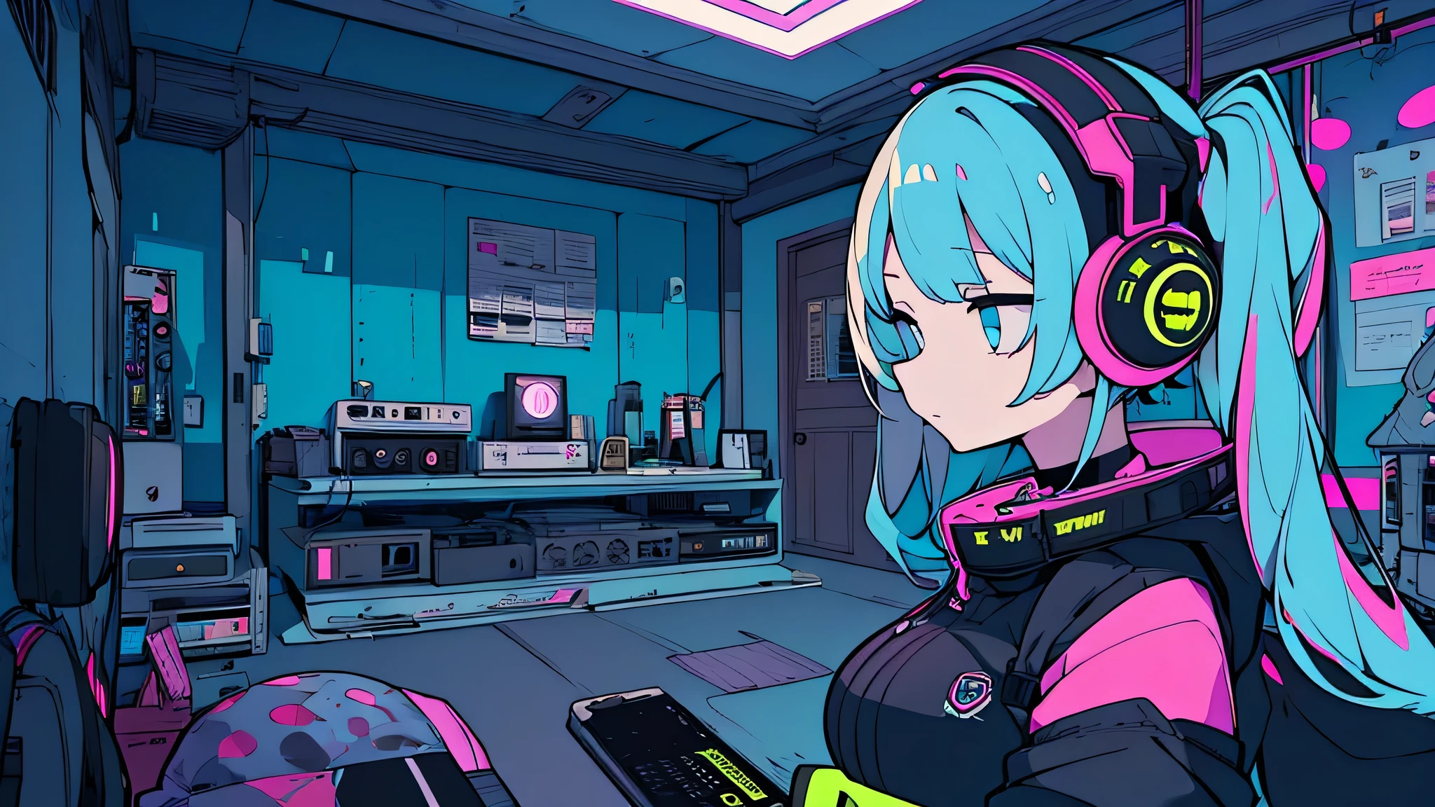 Best quality, (masterpiece:1.2), best detail face,1 girl, big breasts, 18 yo, 8k,absurdres,unity 8k wall paper,(extremely detailed:1.3), highest realistic, (retro headphones:1.1), (soft neon light:1.1), (floating hair:1.2), (psychedelic:1.2), Her room full of music equipment, Light clothing in summer, See the whole room, dark yellow color palette, The weather outside can be seen from her room window.