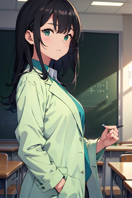 Math teacher, cool, anime, green lab coat, Morijuku, classroom, black hair, neat