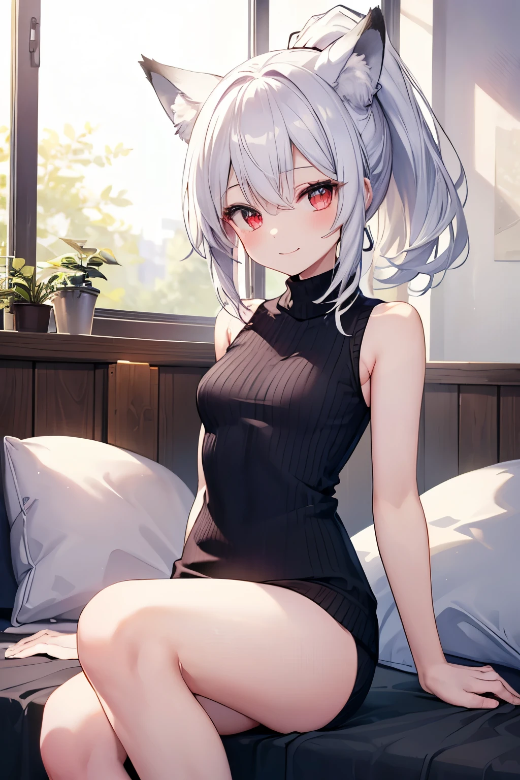 Silver Hair、Red Eye、Fox Ears、girl、Small breasts、ponytail、girl、Small breasts、Lolita、Bright smile、Looks about 、Petan Musume、short、目のhighlight、Sexy thighs、(length, High neck, Sleeveless sweater:1.3)、Show your armpits、Your eyes are so beautiful、highlight