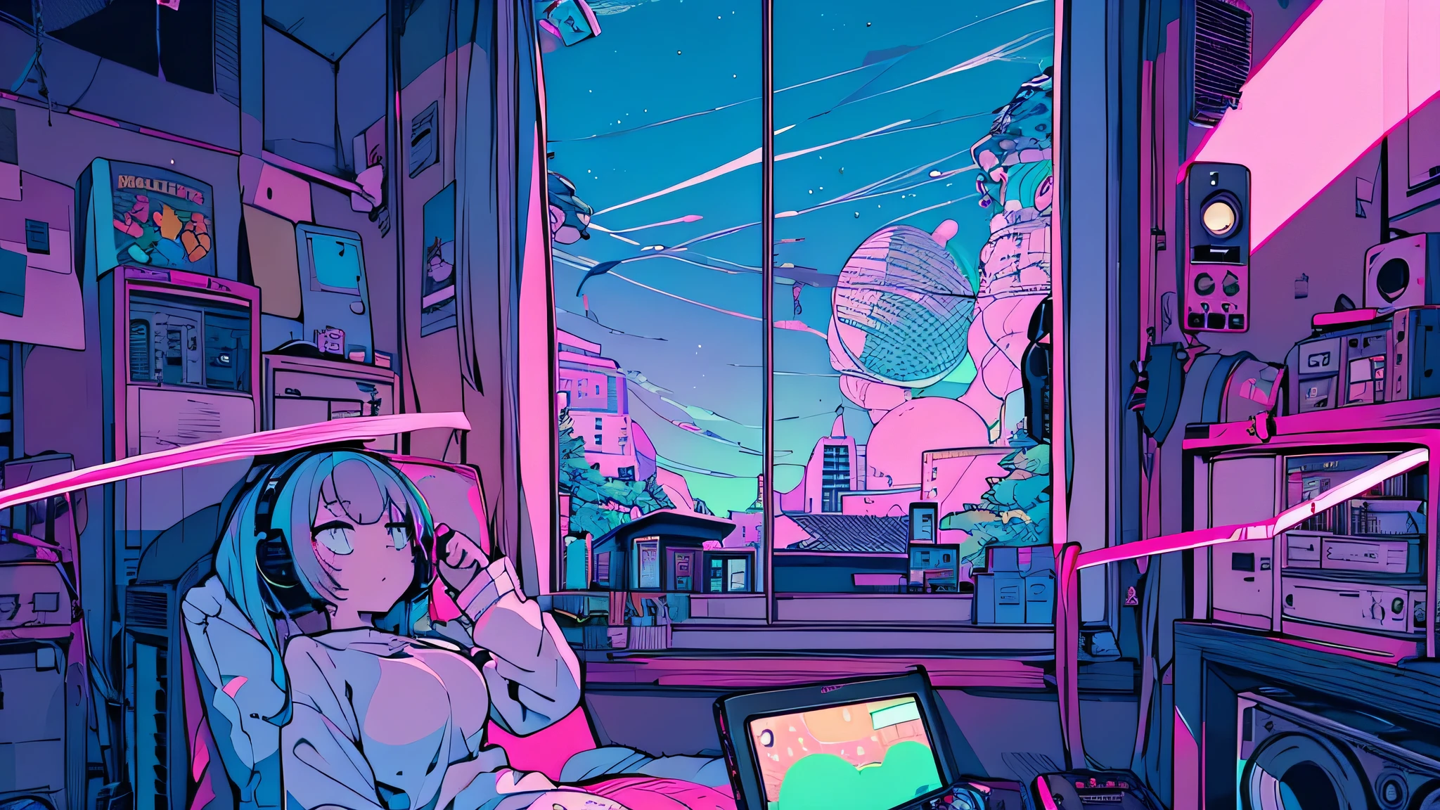 Best quality, (masterpiece:1.2), best detail face,1 girl, big breasts, 18 yo, 8k,absurdres,unity 8k wall paper,(extremely detailed:1.3), highest realistic, (retro headphones:1.1), (soft neon light:1.1), (floating hair:1.2), (psychedelic:1.2), Her room full of music equipment, Light clothing in summer, See the whole room, dark yellow color palette, The weather outside can be seen from her room window.