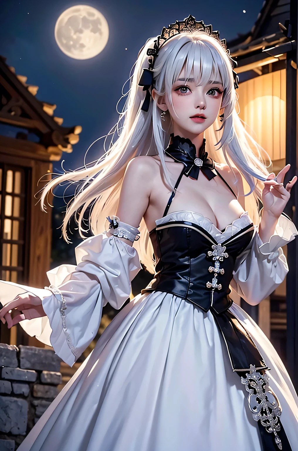 (masterpiece:1.4, best quality, 8k, dutch angle,Realistic、Photorealistic illustrations, Every detail、Intricate details)(1girl, solo)(cute girl, Detailed faces down to the smallest detail、 small beautiful breasts, beauty white hair:1.5, Cute Asian Girl、Beautiful cleavage)(Gothic、ta Costume、black gothic dress、Monotone dress)(arms behind body. floating hair)(Night view、Britain in the late 20th century、A row of stone houses、out door、moon、Soft Light、Fantastic lights、Beautiful hair that shines through the light)
