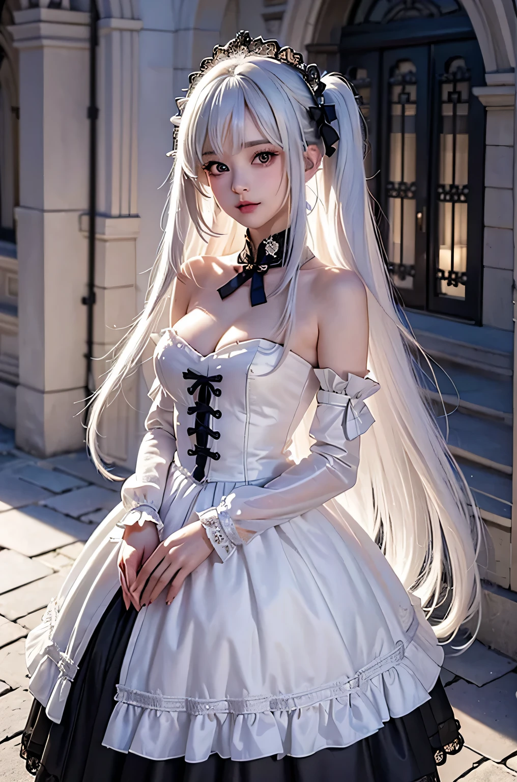 (masterpiece:1.4, best quality, 8k, dutch angle,Realistic、Photorealistic illustrations, Every detail、Intricate details)(1girl, solo)(cute girl, Detailed faces down to the smallest detail、 small beautiful breasts, beauty white hair:1.5, Cute Asian Girl、Beautiful cleavage)(Gothic、Lolita Costume、black gothic dress、Monotone dress)(arms behind body. floating hair)(Night view、Britain in the late 20th century、A row of stone houses、out door、moon、Soft Light、Fantastic lights、Beautiful hair that shines through the light)