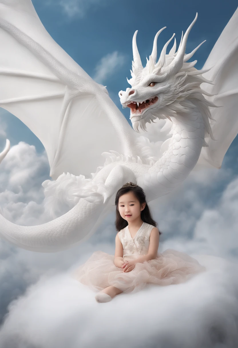 A two-year-old Chinese girl,Lovely, face round,Slept on a white dragon bed, a photorealistic painting by Ju Lian, shutterstock contest winner, Fantasy art, a dragon made of clouds, Chinese fantasy, lie on white clouds fairyland，Camera shot, Film style, Intricate and refined details, high qulity，jpn-girl