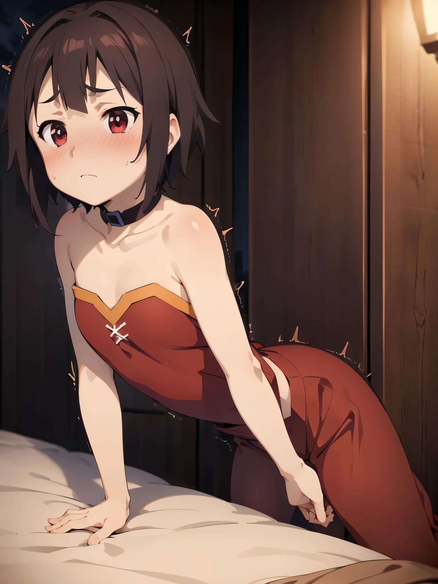 NSFW,1 girl、Red eyes、Short Hair、Brown Hair、choker、clavicle、長い髪のShort Hair、Side Lock,Red dress,(night crawling:1.5),(Perfect hands),(Perfect Anatomy),(masterpiece),(highest quality),Embarrassed,blush,Bedroom