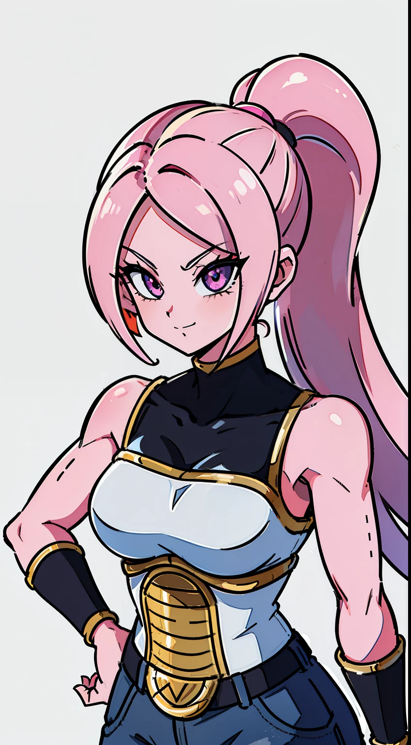 (high-quality, breathtaking),(expressive eyes, perfect face) Symmetrical Eyes, portrait, dragon ball z xenoverse 2, 1girl, female, alien, Majin Race, FMajin, Female Majin Buu, (pink skin:1.1), bubblegum pink skin color, red colored skin, smiling,(black sclera:1.2), red eyes, tentacle hair, black baggypants, belt, alien, M, shoulder holes, standing, no nose, grey background, long cute length hair, wavy hair, hair between eyes, DBZ Saiyan armor, white armor, blue shirt, b4ttl3, saiyan armor, ponytail, scouter, shoulder pads, Zarbon inspired, white cape
