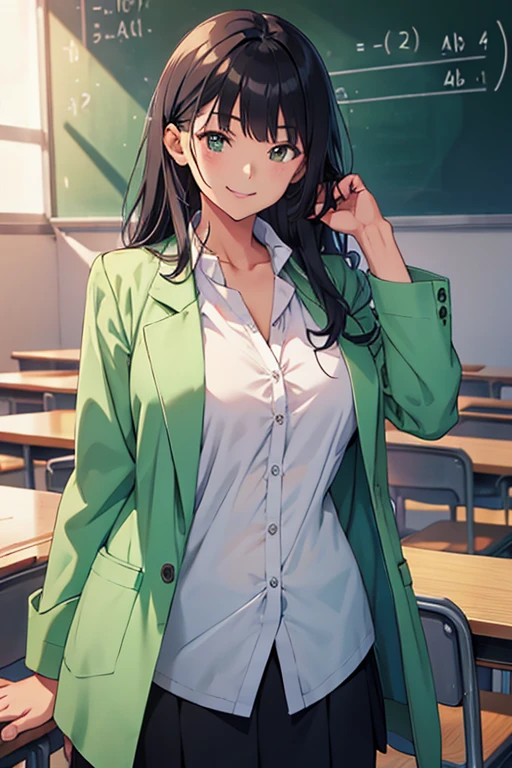 Math teacher, cool, anime, green lab coat, Morijuku, classroom, black hair, neat, smile, individual instruction