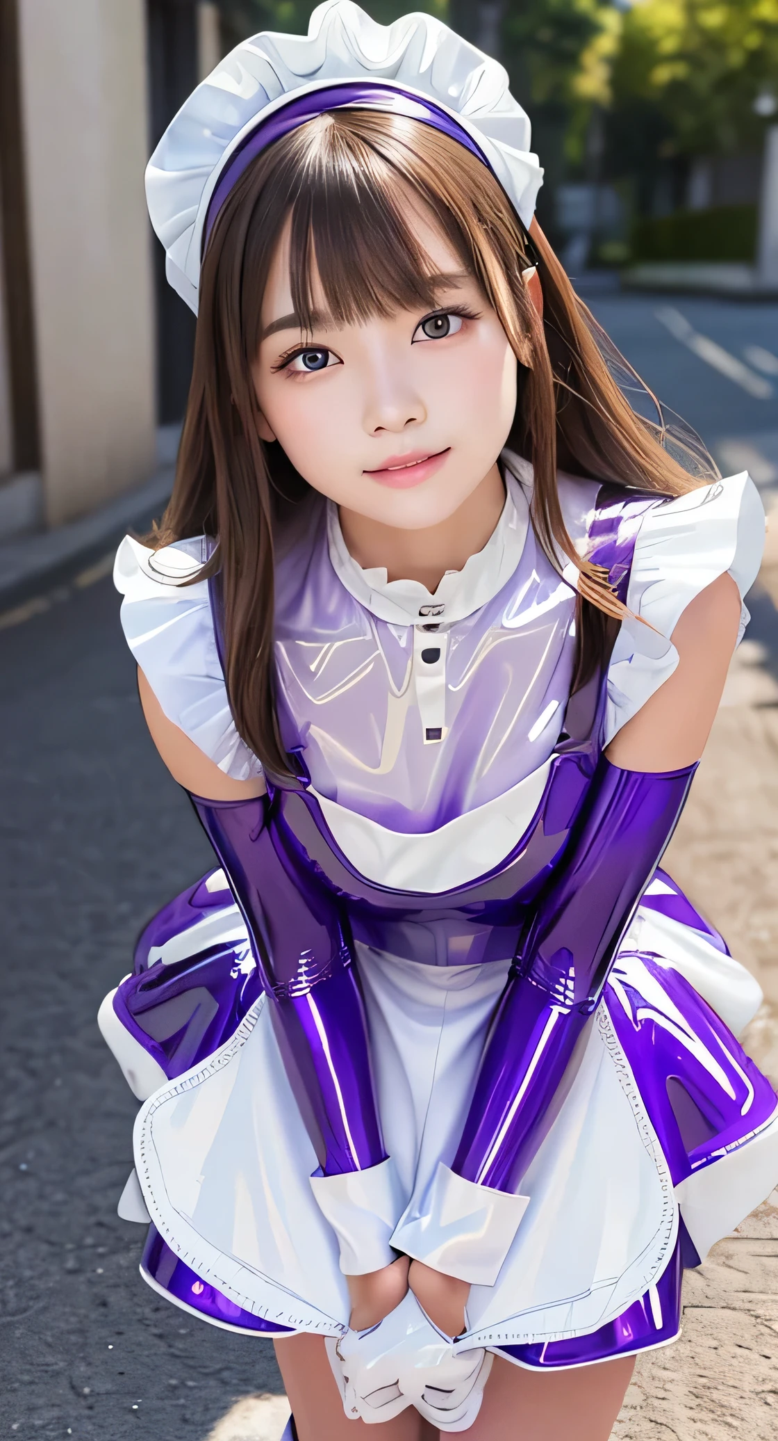 Angelic very beautiful cute young girl,
Beautiful detailed eyes, (14 yo:1.2),(clear-eyed:1.3),
Detailed double eyelids,
(Soft Saturation: 1.3),
(Fair skin: 1.3),v-line jaw,
(Large eyes:1.4),
Long straight brown hair,
see-through bangs,
Sharp Focus,
beautiful detailed face and eyes,
drooping eyes,
small straight nose,
small mouth,
happy smiling with visible teeth, 85mm lens, F/8.0,BREAK (Super shiny white and purple latex maid costume :1.5),(realistic photograph:1.3),Walking,Brown hair ,(Costumes with strong reflective surfaces:1.3),(lift skirt:1.2),panty,
(Best Quality:1.2),(Maid costume:1.4),
Raw photo,
High resolution,
perfect detail,
Professional Photography,
Professional Lighting,
Powerful lighting of the costume,In the street