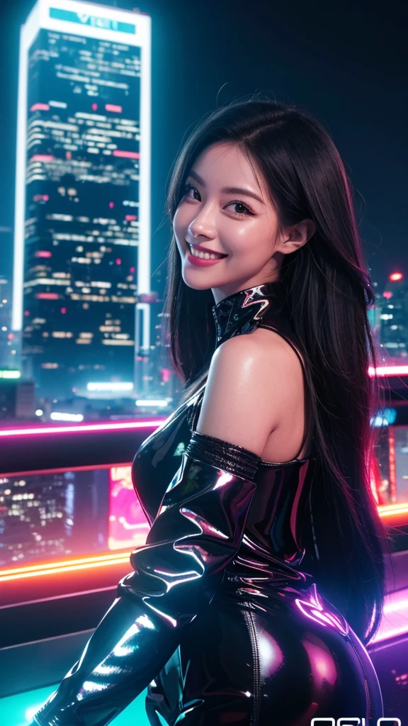 detailed futuristic park,skyscrapers,shiny metallic architecture,hovering cars,neon lights,glowing holographic displays,futuristic girl taking a selfie,bright happy smile,warm lighting,vibrant colors,cinematic atmosphere,photorealistic,8k,high resolution