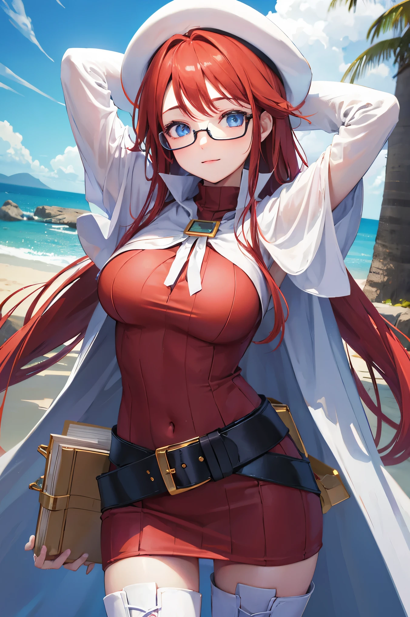 summonnightaty, aty, (young:1.3),long hair, blue eyes, red hair, big_berets, hat, glasses,
BREAK long hair, thighhighs, hat, dress, boots, glasses, belt, cape, sweater, zettai ryouiki, beret, thigh boots, white footwear, ribbed sweater, loose belt,solo,
BREAK outdoors, fantasy,on_beach,
,Highquality_hads,perfect_fingers,
BREAK (masterpiece:1.2), best quality, high resolution, unity 8k wallpaper, (illustration:0.8), (beautiful detailed eyes:1.6), extremely detailed face, perfect lighting, extremely detailed CG, (perfect hands, perfect anatomy),covered_nipples,covered_navel ,half_eyes,long_sword,sleepy,standing,red_sweater,apart_knees,magical_effect,spread_legs, have_a_book,teacher,rise_knee,Smile,rise_hand,look_down_viewer,spread_arms,sea​_waves,looking_into,blue_sky