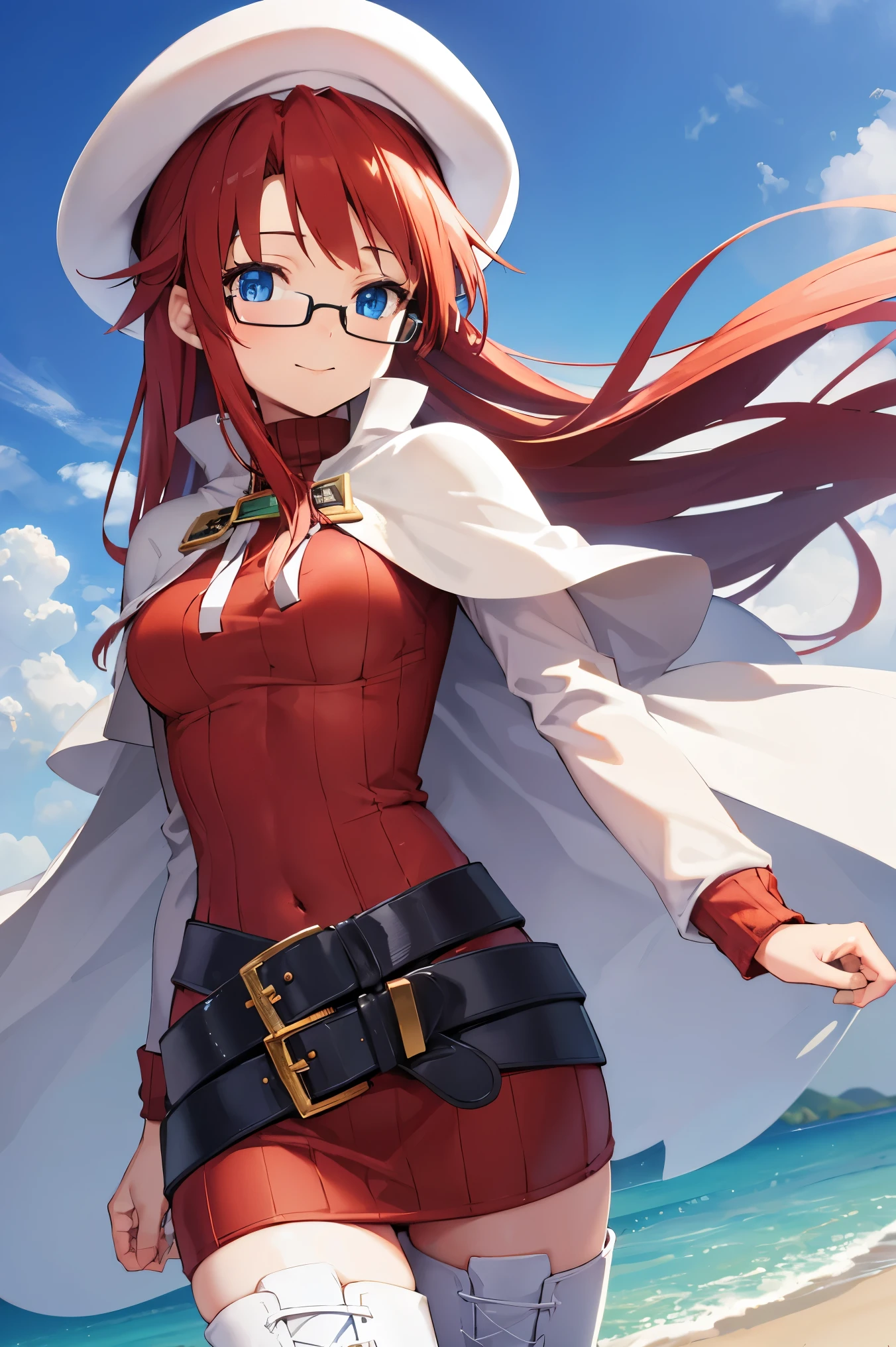 summonnightaty, aty, (young:1.3),long hair, blue eyes, red hair, big_berets, hat, glasses,
BREAK long hair, thighhighs, hat, dress, boots, glasses, belt, cape, sweater, zettai ryouiki, beret, thigh boots, white footwear, ribbed sweater, loose belt,solo,
BREAK outdoors, fantasy,on_beach,
,Highquality_hads,perfect_fingers,
BREAK (masterpiece:1.2), best quality, high resolution, unity 8k wallpaper, (illustration:0.8), (beautiful detailed eyes:1.6), extremely detailed face, perfect lighting, extremely detailed CG, (perfect hands, perfect anatomy),covered_nipples,covered_navel ,half_eyes,long_sword,sleepy,standing,red_sweater,apart_knees,magical_effect,spread_legs, have_a_book,teacher,rise_knee,Smile,rise_hand,look_down_viewer,spread_arms,sea​_waves,looking_into,blue_sky