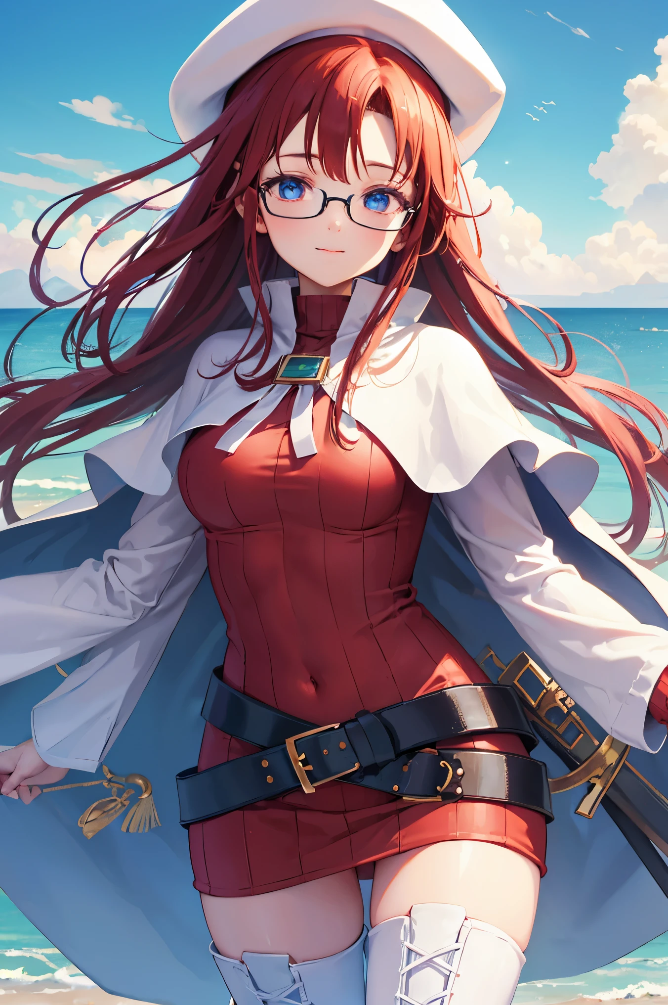 summonnightaty, aty, (young:1.3),long hair, blue eyes, red hair, big_berets, hat, glasses,
BREAK long hair, thighhighs, hat, dress, boots, glasses, belt, cape, sweater, zettai ryouiki, beret, thigh boots, white footwear, ribbed sweater, loose belt,solo,
BREAK outdoors, fantasy,on_beach,
,Highquality_hads,perfect_fingers,
BREAK (masterpiece:1.2), best quality, high resolution, unity 8k wallpaper, (illustration:0.8), (beautiful detailed eyes:1.6), extremely detailed face, perfect lighting, extremely detailed CG, (perfect hands, perfect anatomy),covered_nipples,covered_navel ,half_eyes,long_sword,sleepy,standing,red_sweater,apart_knees,magical_effect,spread_legs, have_a_book,teacher,rise_knee,Smile,rise_hand,look_down_viewer,spread_arms,sea​_waves,looking_into,blue_sky