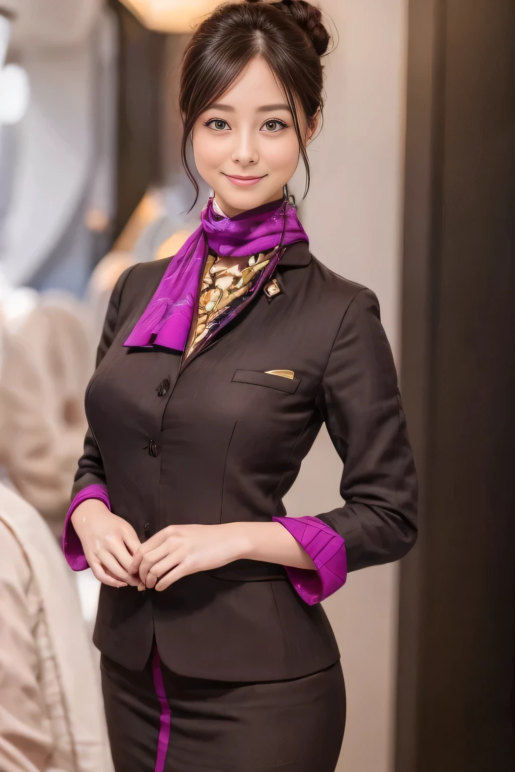 (masterpiece:1.2、highest quality:1.2)、32K HDR、High resolution、(alone、1 girl、Slim figure)、（A realistic reproduction of the ETIHAD Airways Cabincrew Uniform）、 (On board, Professional Lighting)、Background on board、A proper woman, Beautiful Face,、（Long sleeve ETIHAD Airways Cabincrew Uniform）、（ETIHAD Airways Cabincrew Uniform skirt with purple stripe on the front）、（scarf on chest）、Big Breasts、（Chignon、Long hair updo、Hair Bun）、Dark brown hair、Long Shot、（（Great hands：2.0））、（（Harmonious body proportions：1.5））、（（Normal limbs：2.0））、（（Normal finger：2.0））、（（Delicate eyes：2.0））、（（Normal eyes：2.0））)、Beautiful standing posture、smile、Place your hands around your stomach