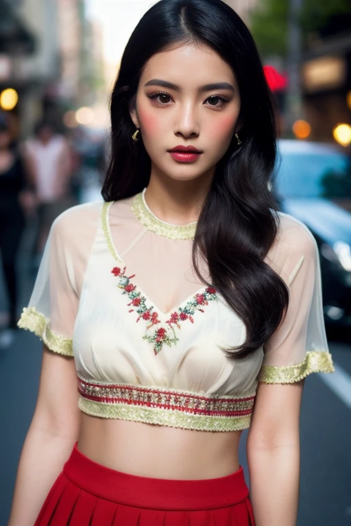 A stunningly beautiful Asian girl, incredibly charming and fashionable, with a flawless face adorned by long black hair, rosy cheeks, captivating detailed eyes, sensual lips, adorned ears, wearing a diamond necklace around her neck. Her chest sports an elegant tattoo, clad in a short-sleeved blouse, intricately embroidered silk jacket, with a high-cut crop top, donning a red skirt, green underwear, and a sheer dress, with slender legs and thighs, adorned with stylish shoes, holding a knife. The background is a blurry street scene, with professional lighting casting rays onto her body and abdomen.
