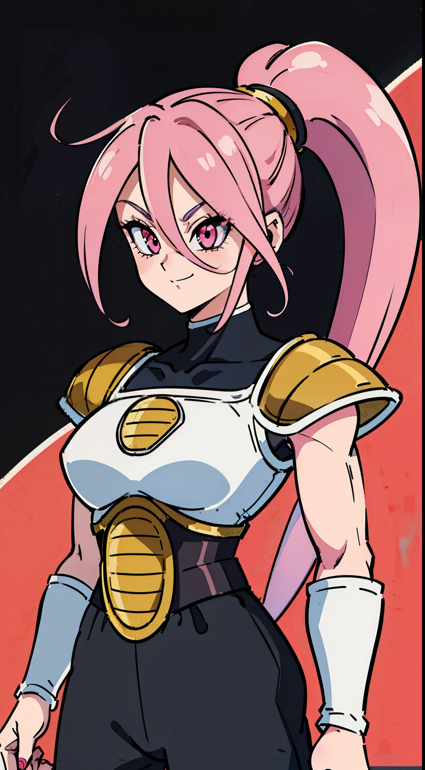 (high-quality, breathtaking),(expressive eyes, perfect face) Symmetrical Eyes, portrait, dragon ball z xenoverse 2, 1girl, female, alien, Majin Race, FMajin, Female Majin Buu, (pink skin:1.1), bubblegum pink skin color, red colored skin, smiling,(black sclera:1.2), red eyes, tentacle hair, black baggypants, belt, alien, M, shoulder holes, standing, no nose, grey background, long cute length hair, wavy hair, hair between eyes, DBZ Saiyan armor, white armor, blue shirt, b4ttl3, saiyan armor, ponytail, scouter, shoulder pads, Zarbon inspired, white cape
