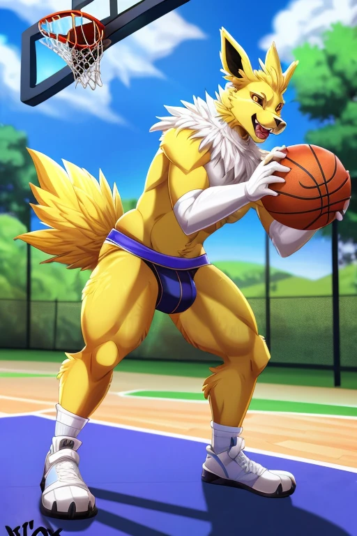 (by xnirox, slimefur), hi-res, good graphics, great anatomy, anatomically correct, musk, musk clouds, jockstrap, Jolteon, playing basketball, basketball hoop, outside