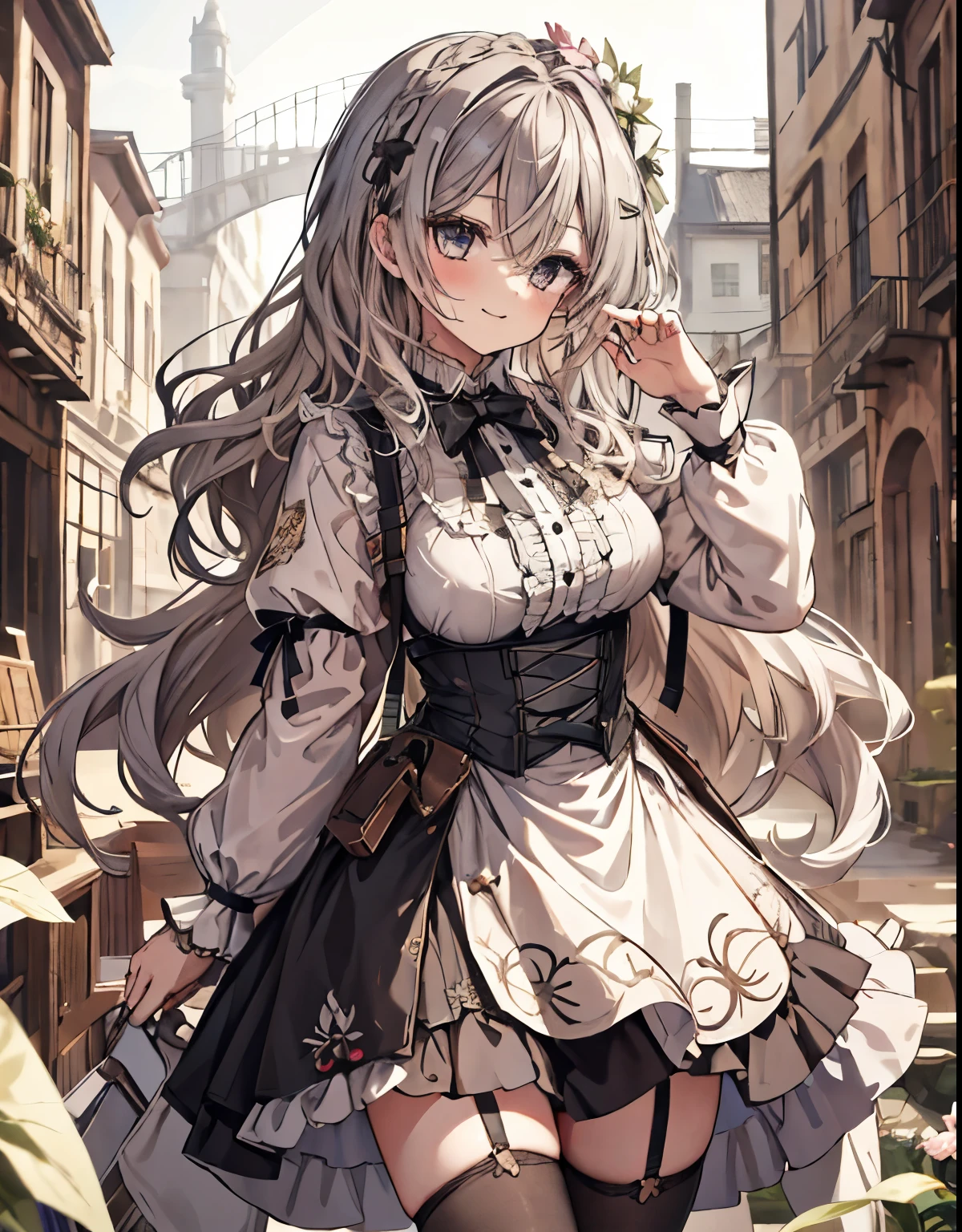 masterpiece, 1girl, sparrow, a silver haired girl, wearing a victorian dress, curly long hair, messy hair, slim body, he close her left eye, shirt ornament, ruby eyes, ahoge, baby face, big breast, beautiful breasts, rounded breasts, long sleeves, beautiful eyes, white stocking, droopy eyes, her age is 19 years old, ricefield, bowtie, nagisa_bluearchive, lovely face, medium hair, lovely smile, curly hair, gothic ****ta