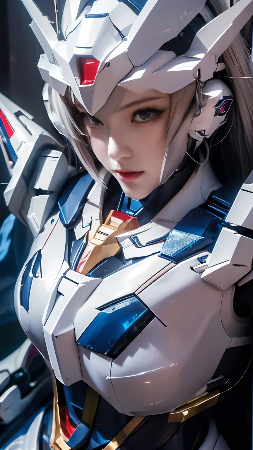 Textured skin, Super Detail, high details, High quality, Best Quality, hight resolution, 1080p, hard disk, Beautiful,(Gundam Girl),beautiful cyborg woman,Mecha Cyborg Girl,Battle Mode,Girl with a Mecha Body,She wears a futuristic Gundam mecha,Full Body Shot