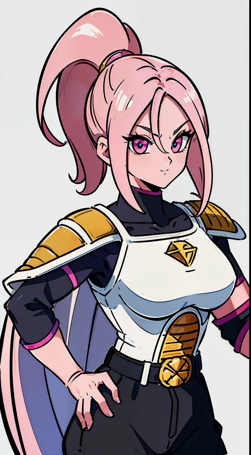 (high-quality, breathtaking),(expressive eyes, perfect face) Symmetrical Eyes, portrait, dragon ball z xenoverse 2, 1girl, female, alien, Majin Race, FMajin, Female Majin Buu, (pink skin:1.1), bubblegum pink skin color, red colored skin, smiling,(black sclera:1.2), red eyes, tentacle hair, black baggypants, belt, alien, M, shoulder holes, standing, no nose, grey background, long cute length hair, wavy hair, hair between eyes, DBZ Saiyan armor, white armor, blue shirt, b4ttl3, saiyan armor, ponytail over shoulder, scouter, shoulder pads, Zarbon inspired, white cape
