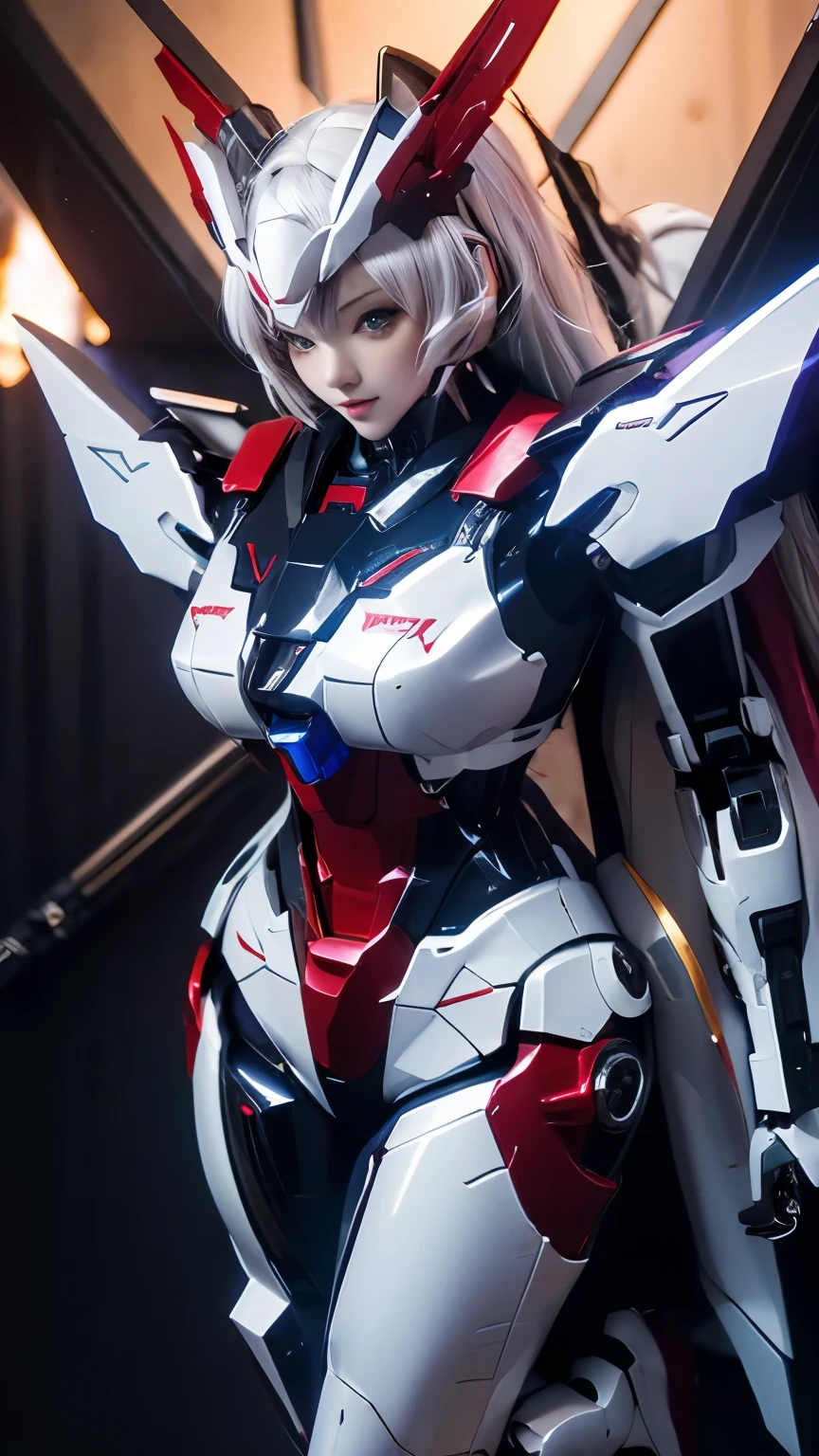 Textured skin, Super Detail, high details, High quality, Best Quality, hight resolution, 1080p, hard disk, Beautiful,(Gundam Girl),beautiful cyborg woman,Mecha Cyborg Girl,Battle Mode,Girl with a Mecha Body,She wears a futuristic Gundam mecha,Full Body Shot