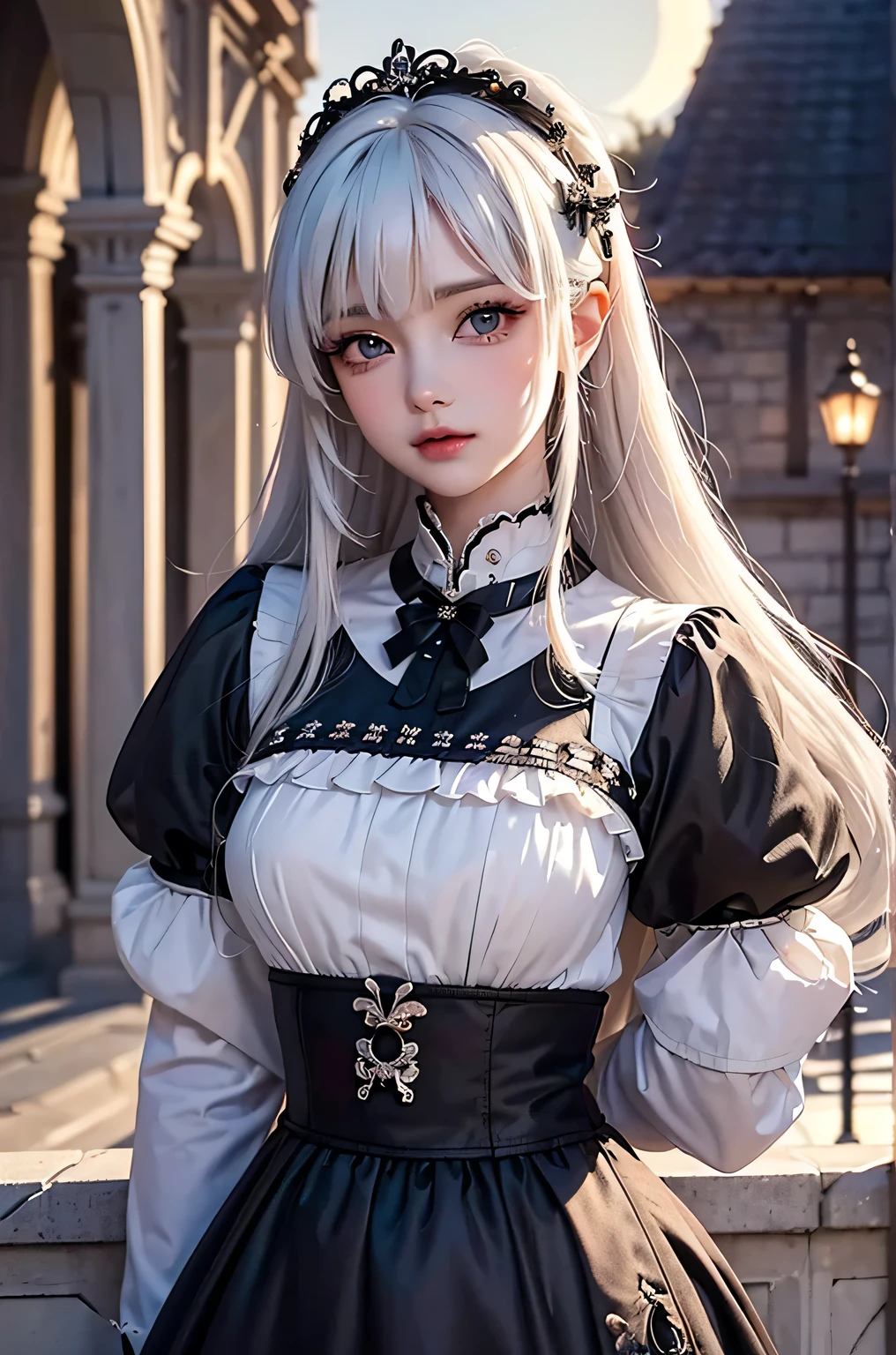 (masterpiece:1.4, best quality, 8k, dutch angle,Realistic、Photorealistic illustrations, Every detail、Intricate details)(1girl, solo)(cute girl, Detailed faces down to the smallest detail、 large beautiful breasts, beauty white hair:1.5, Cute Asian Girl、Beautiful cleavage)(Gothic、Lolita Costume、black gothic dress、Monotone dress)(arms behind body. floating hair)(Night view、Britain in the late 20th century、A row of stone houses、out door、moon、Soft Light、Fantastic lights、Beautiful hair that shines through the light)