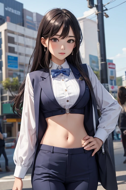 Girl in crop top professional suit, showing navel, presentation 