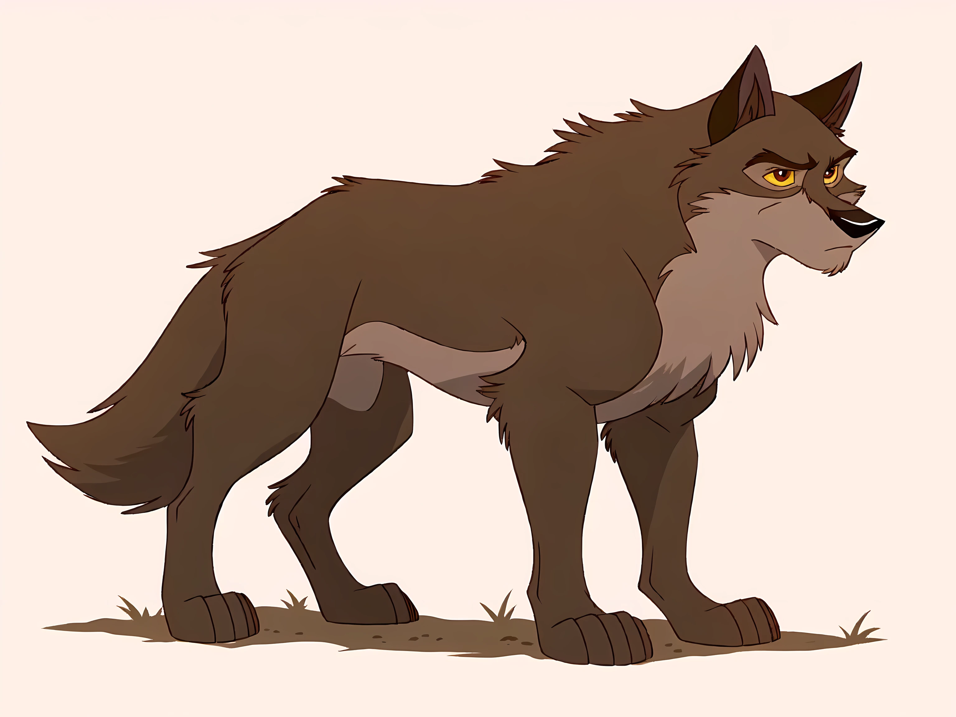 balto, full body, feral, detailed, detailed eyes, quadruped, muscular, pectorals:1.1, wfa anatomy, black lineart, black outline, male, masculine, adult, wolf body, wolf tail, brown iris, yellow sclera, cartoon shading, cel shaded:1.0, white background, stern eyes, full body, paws