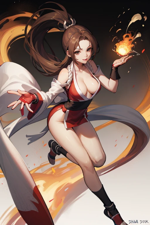 anime girl with a fan and a fireball in her hand, mai shiranui, female action anime girl, character from king of fighters, beautiful alluring anime woman, extremely detailed artgerm, anime art wallpaper 8 k, ahri, anime style 4 k, seductive anime girl, artgerm on artstation pixiv, anime art wallpaper 4 k