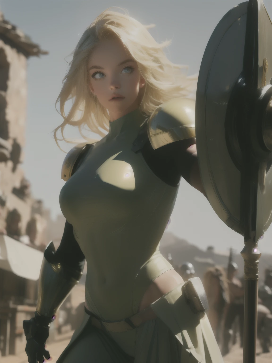 girl standing in hoplite armor holding a shield and spear, spartan, helmet, blonde hair, bright pupils, beautiful, realistic, scenery, dynamic light
