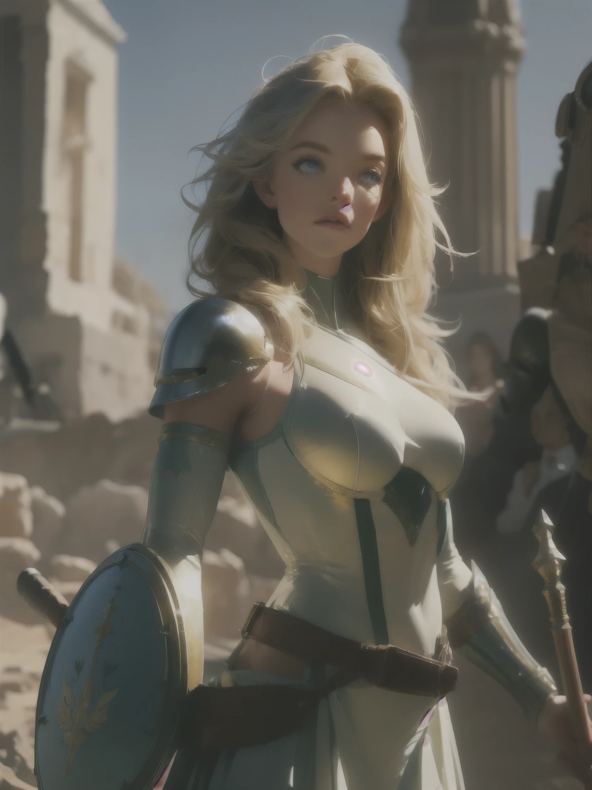 girl standing in hoplite armor holding a shield and spear, spartan, helmet, blonde hair, bright pupils, beautiful, realistic, scenery, dynamic light