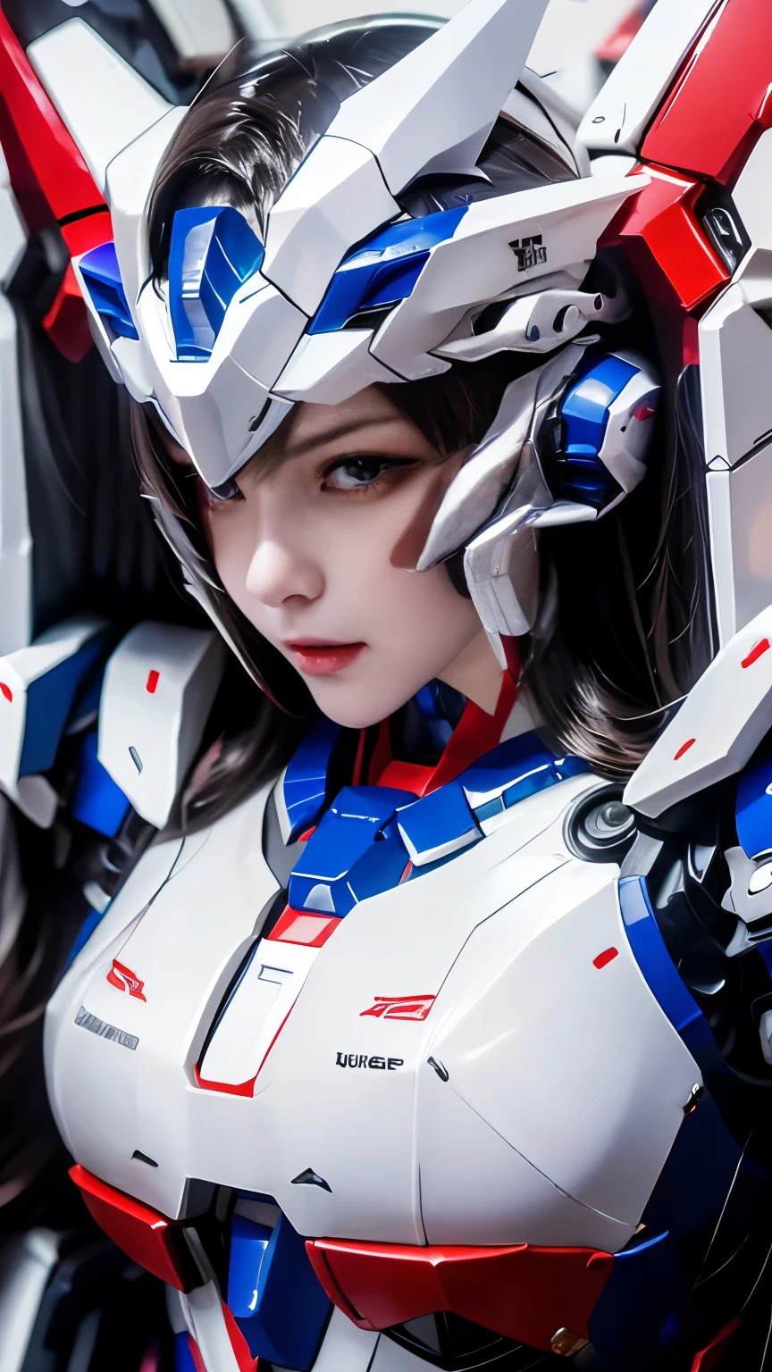 Textured skin, Super Detail, high details, High quality, Best Quality, hight resolution, 1080p, hard disk, Beautiful,(Gundam Girl),beautiful cyborg woman,Mecha Cyborg Girl,Battle Mode,Girl with a Mecha Body,She wears a futuristic Gundam mecha,Full Shot