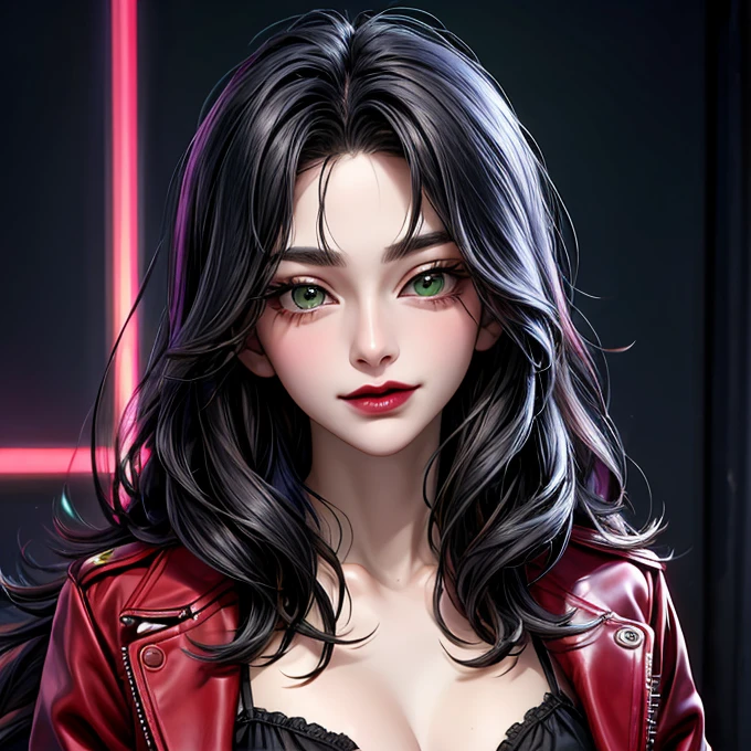 1 woman of 30 years old, {{{very long messy black hair}}}, {{{green eyes}}}, red lingerie with a red leather jacket, cleavage, small smile, red lipstick, inside a strip club with rainbow neon lights, {best quality.}, {highreaasterpiece.}, {{{medium close up.}}}, {facing viewer}
