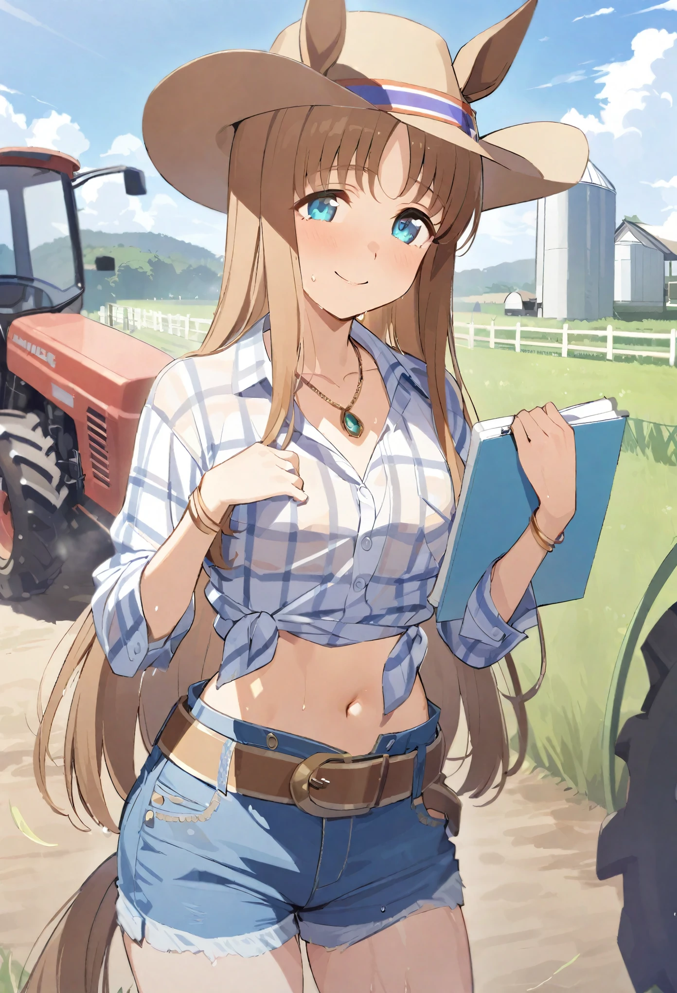 (kinako_(shiratama mochi) style), grass_wonder_\umamusume\), nsfw, masterpiece, topless, low cut denim shorts, slim waist, belt, wiping sweat, head tilted sideway, solo, 1 girl, horse ears, horse tail, bare stomach, sweaty, arched back, nipples, large nipples, erect nipples, navel, puffy nipples, cowboy hat, outdoors, grain silo, farm, tractor, fence, slim waist, brown hair, sweaty, humid, long hair, detailed eyes, beautiful eyes, wet, aqua eyes, necklace, gold bracelet, gold cutouts, jewelries, smiling, small breasts, realistic