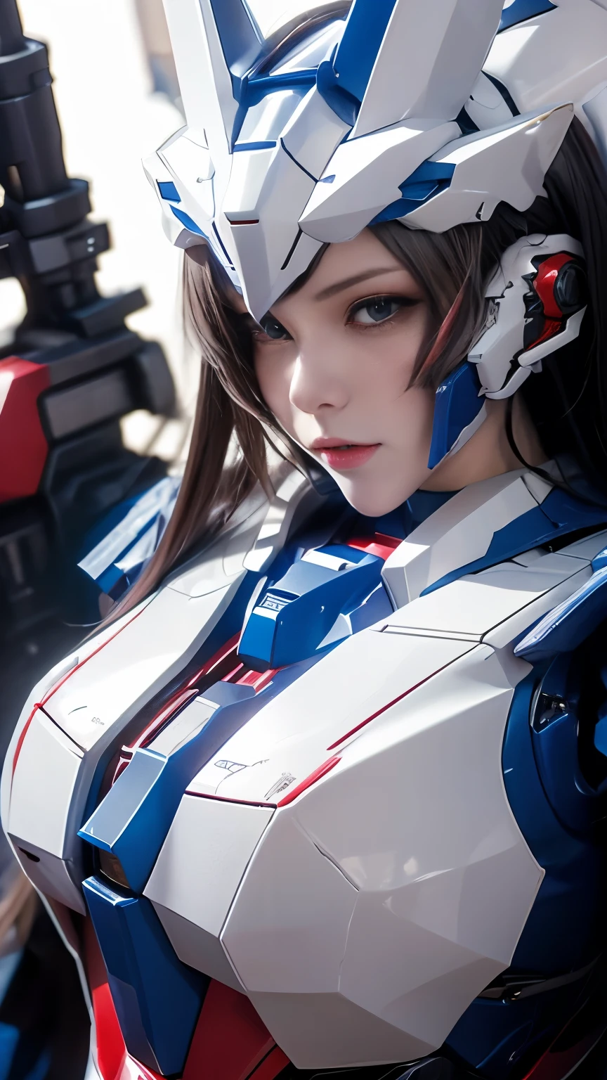 Textured skin, Super Detail, high details, High quality, Best Quality, hight resolution, 1080p, hard disk, Beautiful,(Gundam Girl),beautiful cyborg woman,Mecha Cyborg Girl,Battle Mode,Girl with a Mecha Body,She wears a futuristic Gundam mecha,Low - Angle