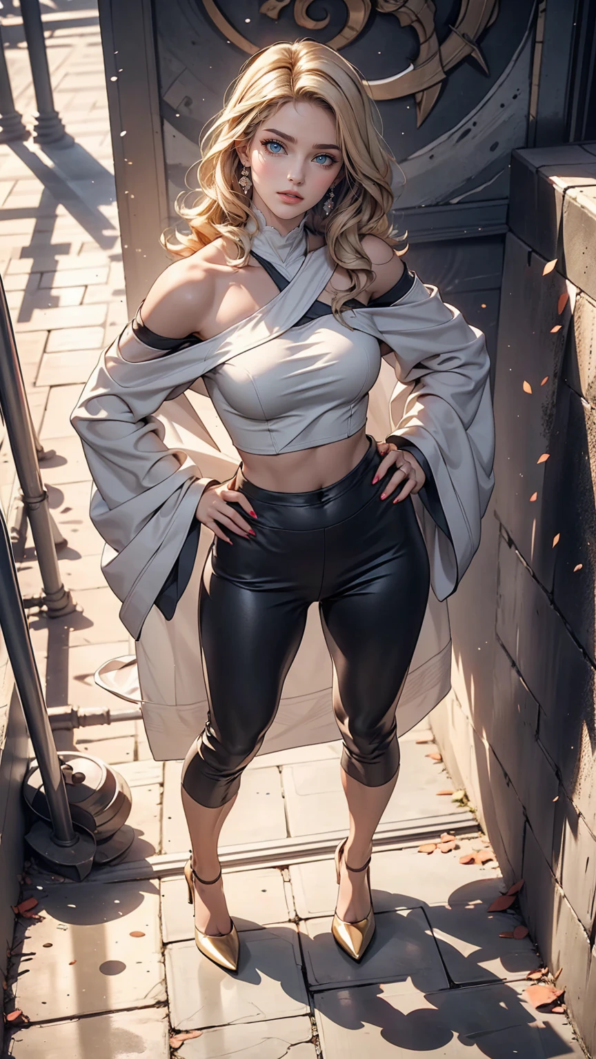 24-year-old female、long hair、Hair becomes wavy、Sexy proportions、Wear a one-shoulder top、Wear low rise leggings、Wear stiletto heels、smile、Place your hands on your hips、Old concrete wall background、sunlight from directly above