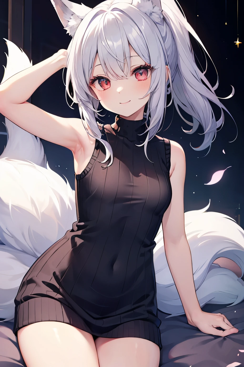 Silver Hair、Red Eye、Fox Ears、girl、Small breasts、ponytail、girl、Small breasts、Lolita、Bright smile、Looks about 15 years old、Petan Musume、short、目のhighlight、Sexy thighs、(length, High neck, Sleeveless sweater:1.3)、Your eyes are so beautiful、highlight