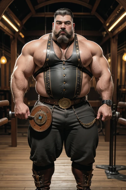  Hyper-realistic image of an elderly 19th century English Steampunk circus tamer superhero with bare torso combed gray hair and huge handlebar mustaches A super heavy bodybuilder flexing his muscles A full body obese bodybuilder with a very sweaty body An extremely muscular and extremely fat man over 70 weighing over 600 pounds a very hairy muscular man with very big legs and sagging pecs big dark nipples and gynecomastia in the lion cage of a steampunk circus dressed in explorer pants and a whip in his hand and a hunter&#39;s hat on his head 