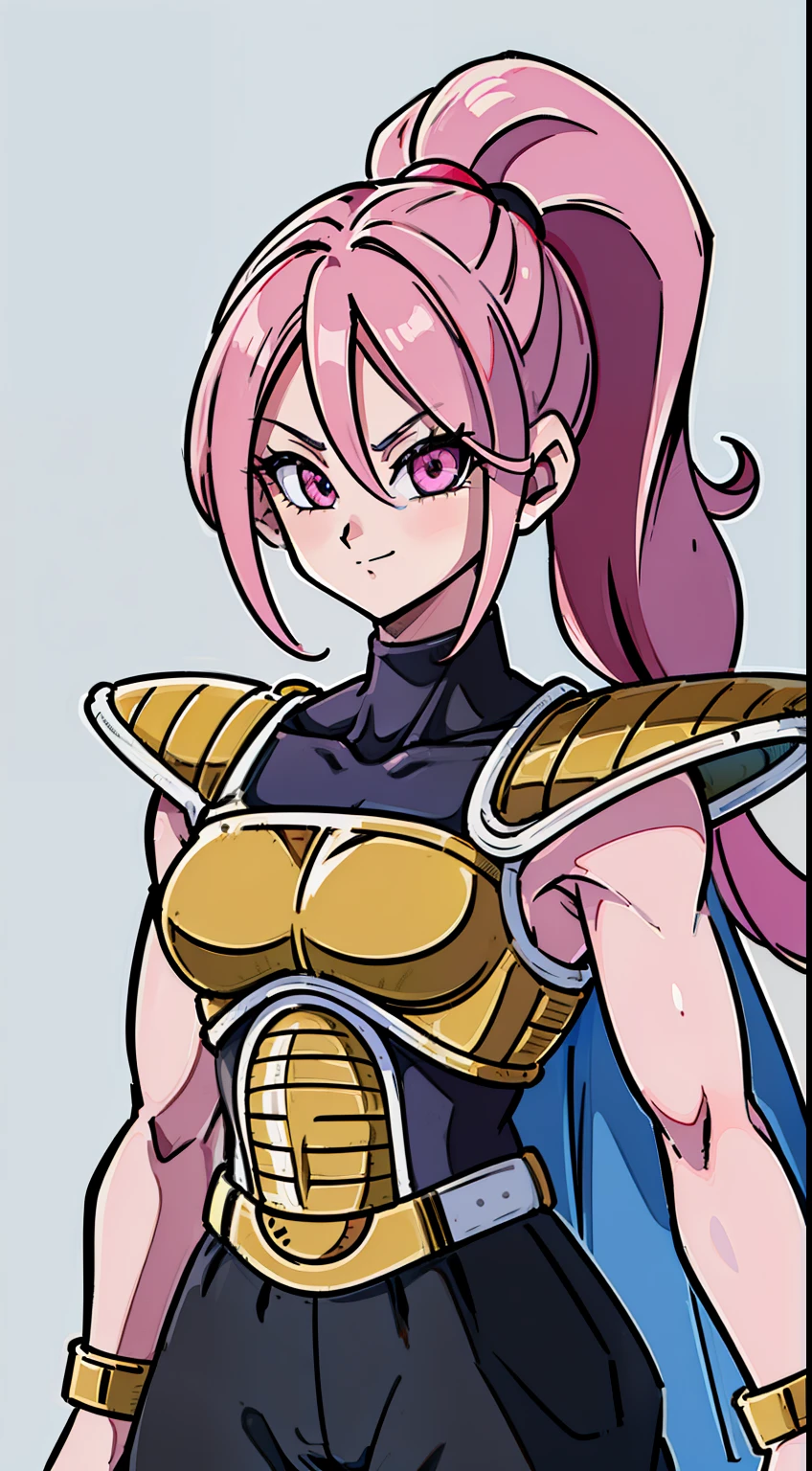 (high-quality, breathtaking),(expressive eyes, perfect face) Symmetrical Eyes, portrait, dragon ball z xenoverse 2, 1girl, female, alien, Majin Race, FMajin, Female Majin Buu, (pink skin:1.1), bubblegum pink skin color, red colored skin, smiling,(black sclera:1.2), red eyes, tentacle hair, black baggypants, belt, alien, M, shoulder holes, standing, no nose, grey background, long cute length hair, wavy hair, hair between eyes, DBZ Saiyan armor, white armor, blue shirt, b4ttl3, saiyan armor, ponytail, scouter, shoulder pads, Zarbon inspired, white cape
