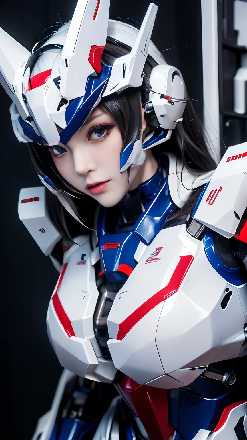 Textured skin, Super Detail, high details, High quality, Best Quality, hight resolution, 1080p, hard disk, Beautiful,(Gundam Girl),beautiful cyborg woman,Mecha Cyborg Girl,Battle Mode,Girl with a Mecha Body,She wears a futuristic Gundam mecha,Low - Angle