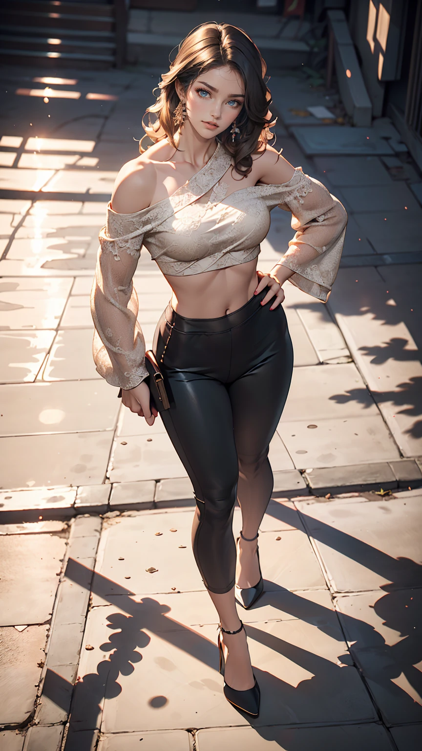 xyzviolet, 1girl, long hair, beautiful, masterpiece, full body, standing, outdoors, black off shoulder crop top, long sleeves, high heels, bottomless, BSP, (pussy:1.2)