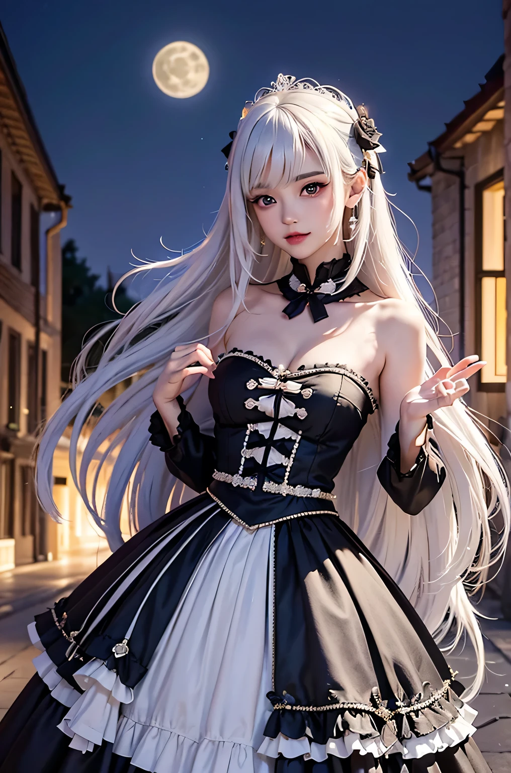 (masterpiece:1.4, best quality, 8k, dutch angle,Realistic、Photorealistic illustrations, Every detail、Intricate details)(1girl, solo)(cute girl, Detailed faces down to the smallest detail、 small beautiful breasts, beauty white hair:1.5, Cute Asian Girl、Beautiful cleavage)(Gothic、Lolita Costume、black gothic dress、Monotone dress)(arms behind body. floating hair)(Night view、Britain in the late 20th century、A row of stone houses、out door、moon、Soft Light、Fantastic lights、Beautiful hair that shines through the light)