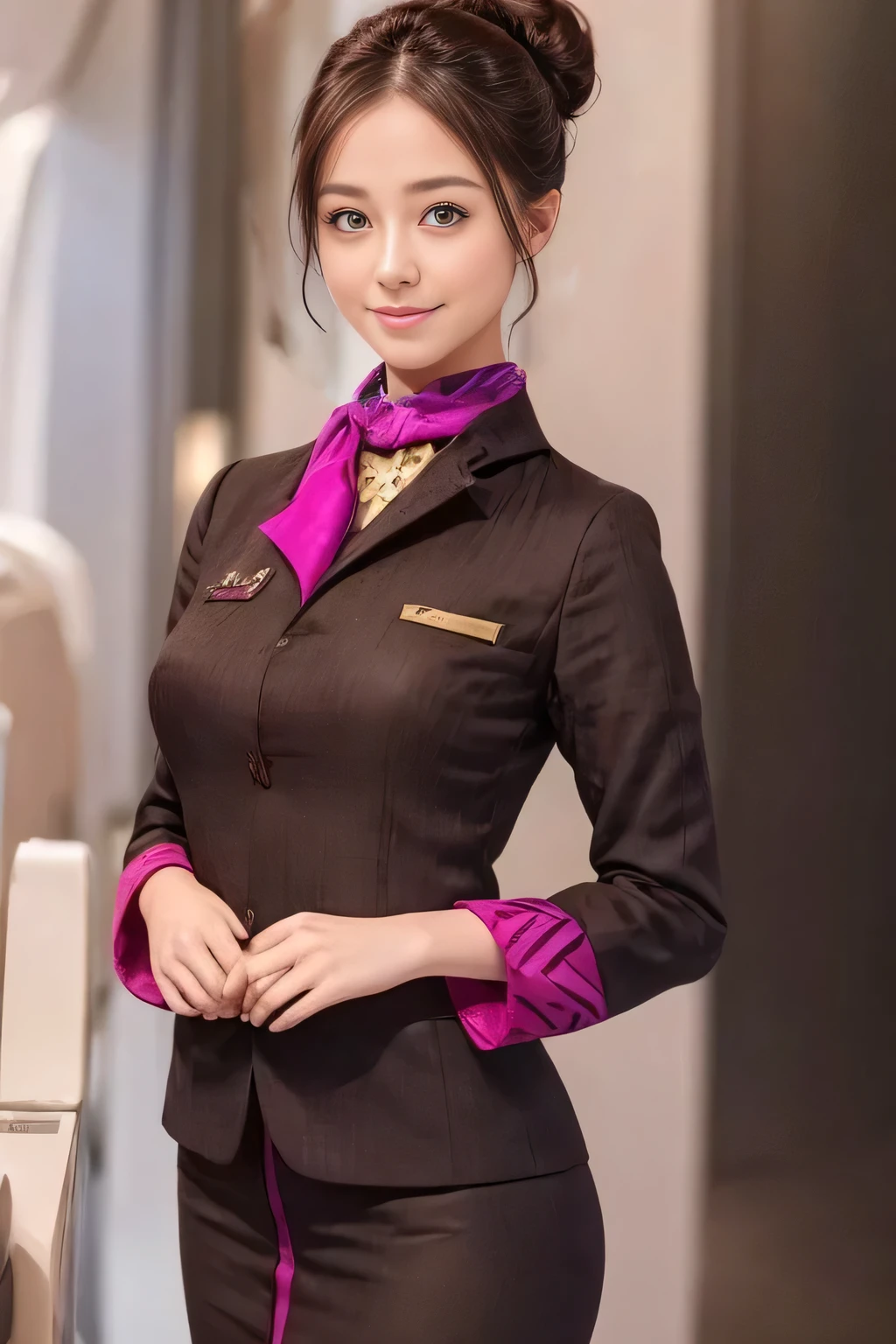 (masterpiece:1.2、highest quality:1.2)、32K HDR、High resolution、(alone、1 girl、Slim figure)、（A realistic reproduction of the ETIHAD Airways Cabincrew Uniform）、 (On board, Professional Lighting)、Background on board、A proper woman, Beautiful Face,、（Long sleeve ETIHAD Airways Cabincrew Uniform）、（ETIHAD Airways Cabincrew Uniform skirt with purple stripe on the front）、（scarf on chest）、Big Breasts、（Chignon、Long hair updo、Hair Bun）、Dark brown hair、Long Shot、（（Great hands：2.0））、（（Harmonious body proportions：1.5））、（（Normal limbs：2.0））、（（Normal finger：2.0））、（（Delicate eyes：2.0））、（（Normal eyes：2.0））)、Beautiful standing posture、smile、Place your hands around your stomach