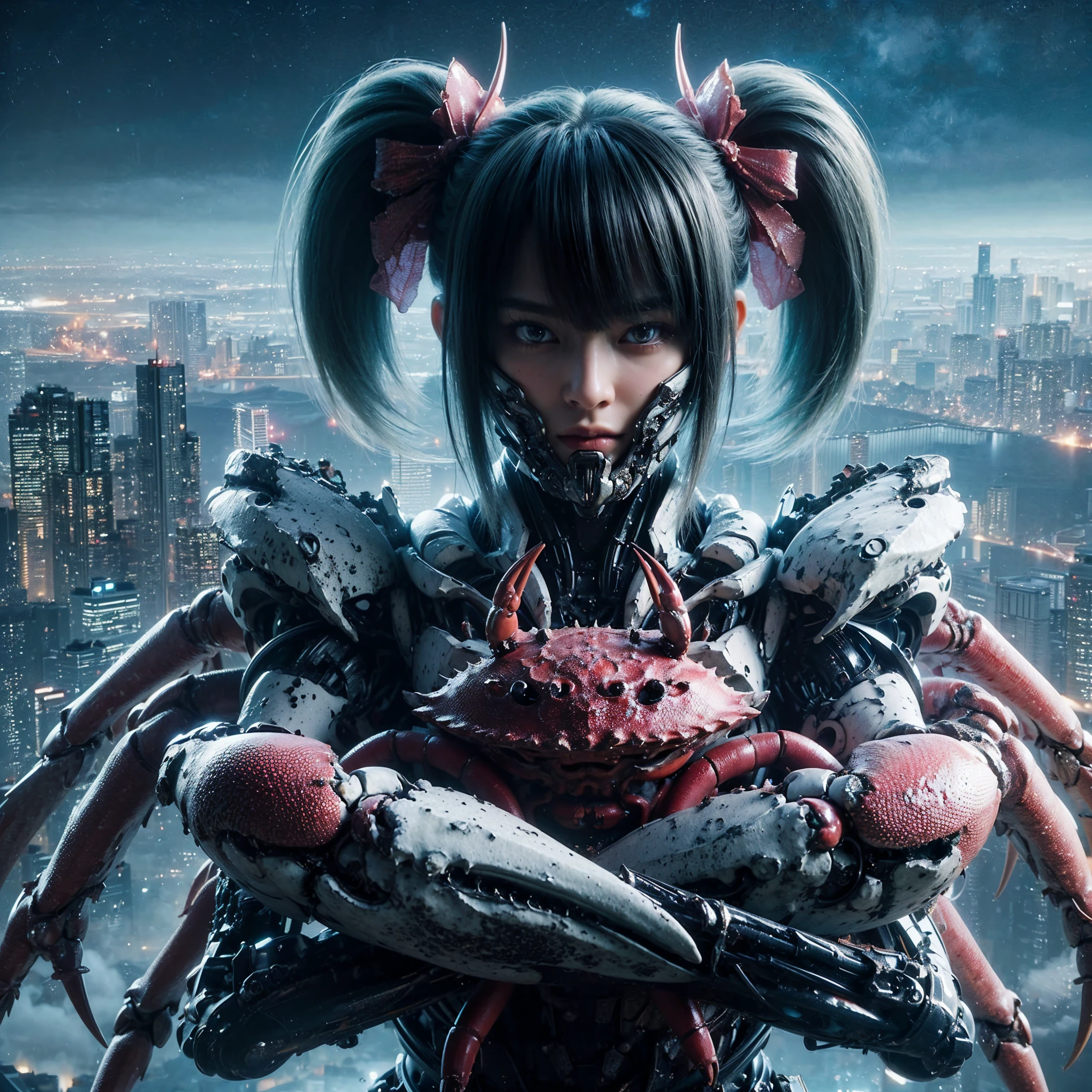 (top-quality:1.2, masterpiece), ultra high resolution, (Photorealsitic:1.4), (crab-base body), 1 Japanese female, extremely realistic face, (white hair), ((ultimately intricate all details)), (whole body picture), realistic shadow, octan render, glossy textures, character edge light, Details of complex ornaments, dystopia with a beautiful view at night, fighting pose