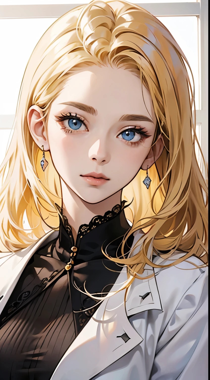 Painting of a woman with blond hair, stunning anime face portrait, beautiful drawing of the characters, beautiful anime portrait, presenting a stunning effect. The picture is very detailed, image of women's faces and clothing. Her face has a creamy dripping effect, which makes the whole face brighter. She's wearing a beautiful detailed outfit, showcasing classic charm, medical gown, business style, shirt, A skirt, Blue eyes, even eyes, Detailed eyes