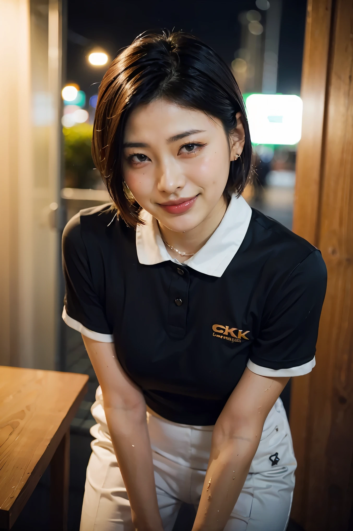 (8k, top quality, masterpiece: 1.2), (realistic, photorealistic: 1.37), super detailed, girl 1 person, 17 years old, solo, small breasts, beautiful detailed sky, detailed café, night, (blush), (smile: 1.15), (closed mouth), small, (shirt with collar: 1.1), night, wet, office clothes, rain, white lace, (short hair: 1.2), floating hair NovaFrogStyle, random sexy poses,